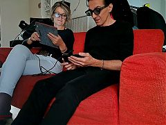 Step dad comes home - while step mom jerks step sons cock on the couch